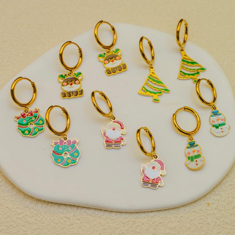 New Fashion Christmas Earrings: Creative Snowman & Tree Design In Stainless Steel
