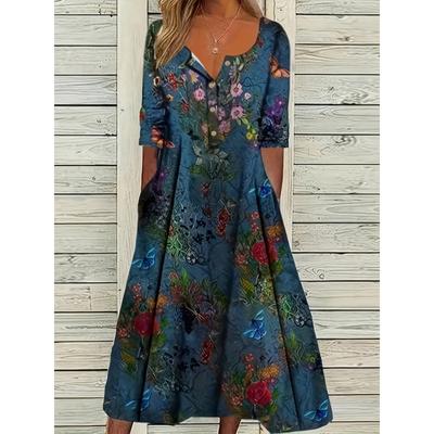 Women's Summer Long Short Sleeve Printed Dress Candy Colour Splicing Holiday Beach Long Dresses