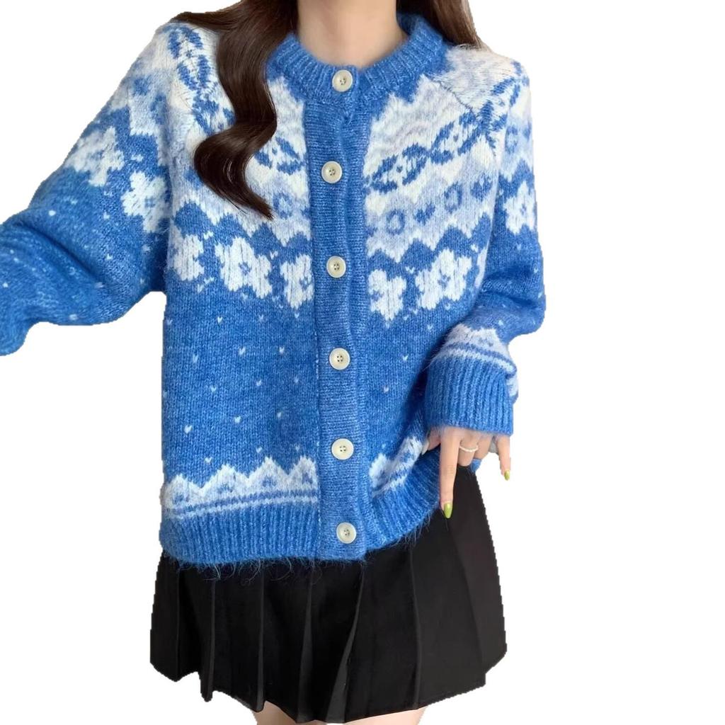 Blue & White Fair Isle Knit Cardigan: Autumn/Winter Korean-Style, Loose Round Neck, Versatile and Cozy Women's Wear