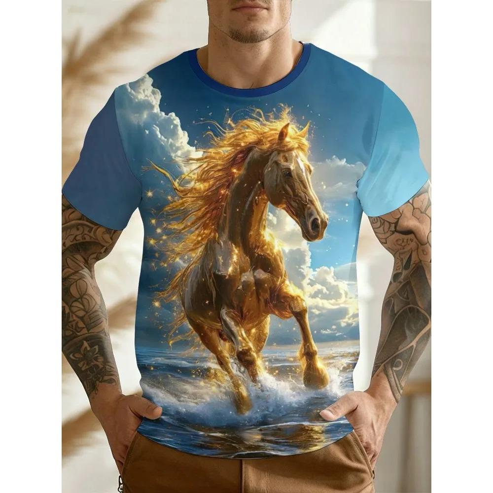 Красочная Креативная Животные Лошадь Футболка с коротким рукавом Модная Удобная Мягкая Дышащая Большая Свободная Мужская Футболка S