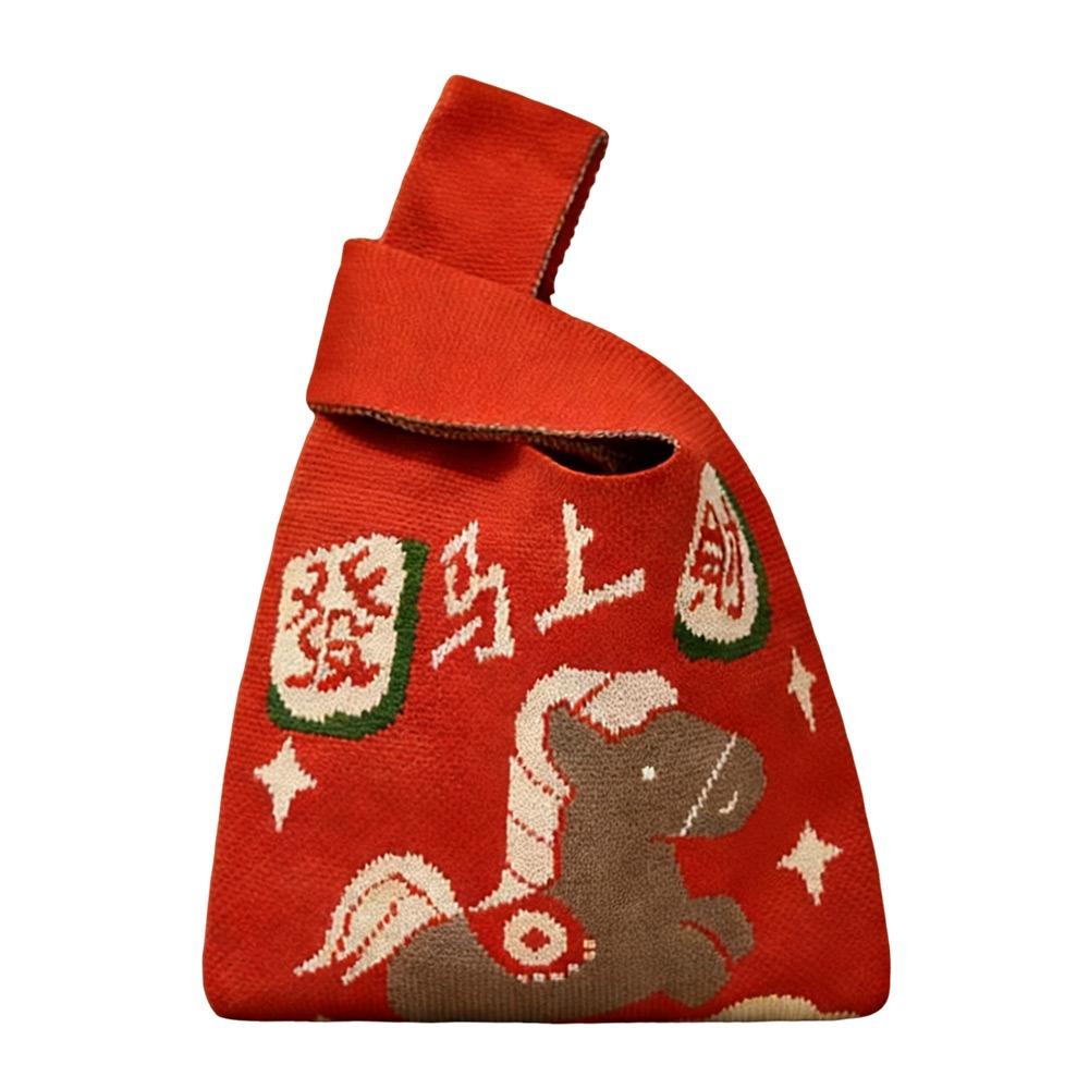 Large Capacity Knitted Handbag Cartoon Pattern Chinese Style Knot Wrist Bag Red Color Weave Pattern Woven Bag Year of the Horse