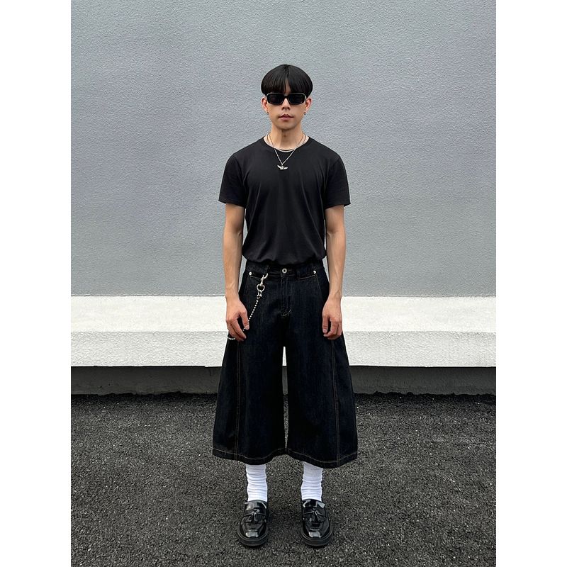 Blaeixit American Profile Original Cow Color Baggy Cropped Jeans Men's Loose Casual Black Wide Leg Shorts