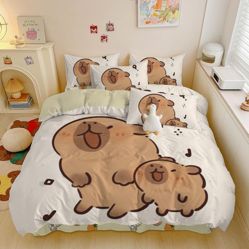 Motivo capibara dei cartoni animati, Set di biancheria da letto in microfibra, Biancheria da letto per bambini con cerniera, Decorazione per la stanza, Copripiumino per adolescenti e adulti, Set da 3 pezzi