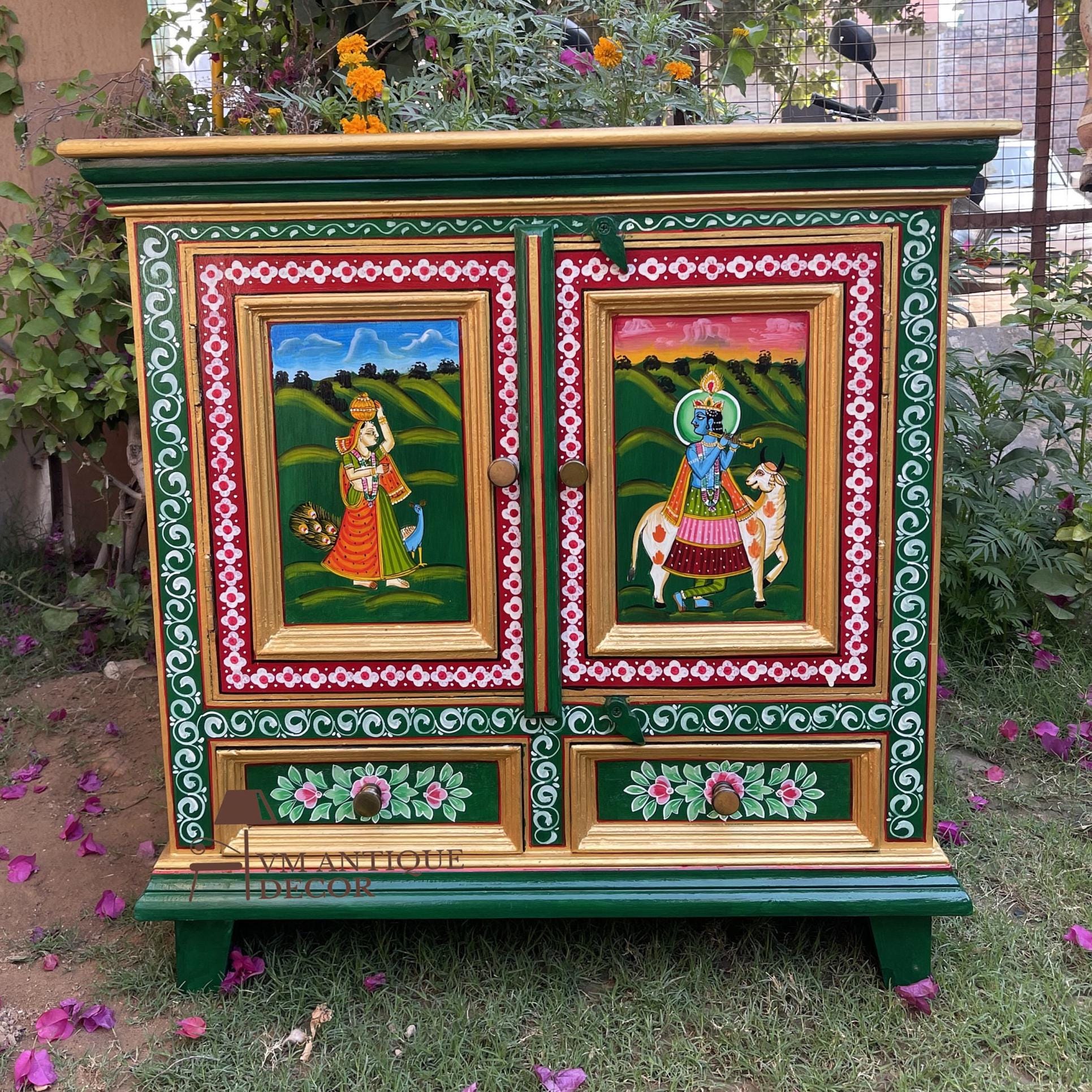 Wooden Painted Radha Krishna Bedside | Beautifull Cabinet Desk Storage Home Decor Furniture,Nightstand Bedside Desk Cupboard Self Side Table