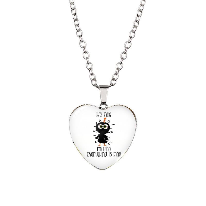 I'm Fine Everything Is Fine Heart Shaped Pendant Necklace Vintage Black Cat Design Fashionable Jewelry For All Genders