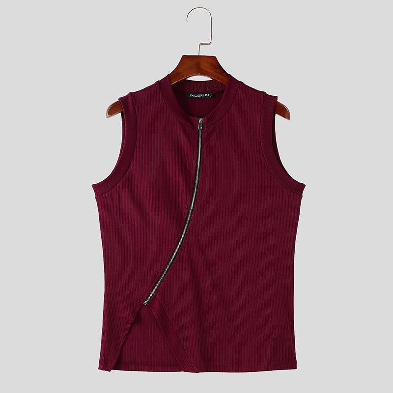 

INCERUN Summer Men Sleeveless Oblique Placket Zip-up Rib Slim Splits Tank Tops T-shirts 3XL вино красного