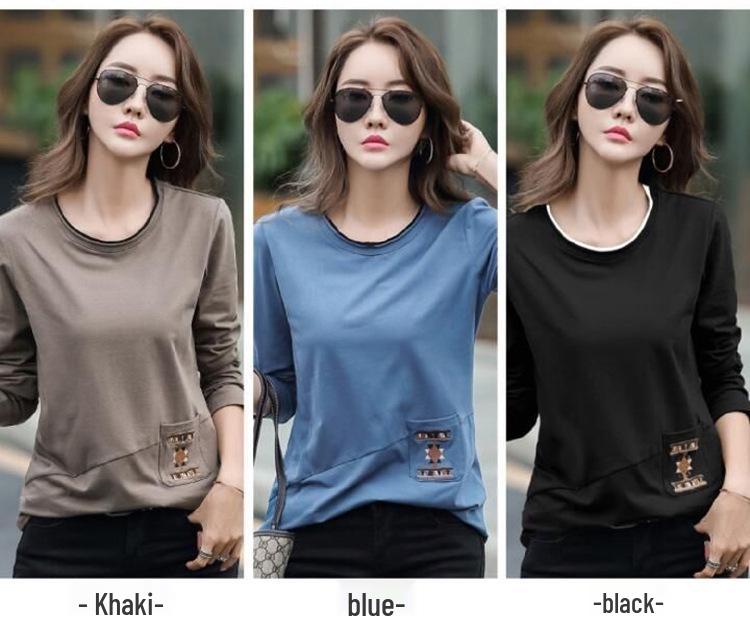 2025 Koszula damska w stylu koreańskim z haftowaną kieszenią, z długim rękawem, patchworkowa, w dużym rozmiarze, jesienny trend