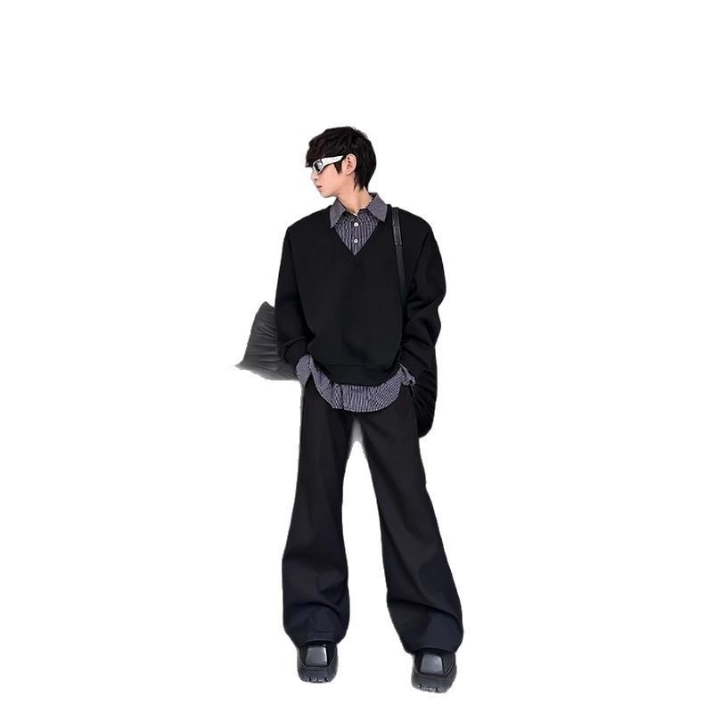 Men's Spring Autumn New Korean Style Niche Stylish Design Fake Two-Piece Spliced Sweatshirt Solid Color Versatile Loose Top
