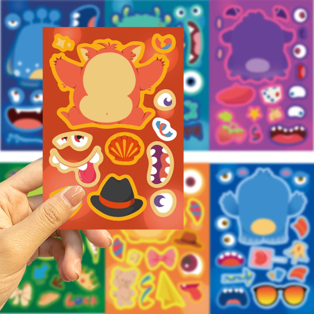 8Sheets Children DIY Puzzle Sticker Games Cartoon Monster Make A Face Assemble Jigsaw Stickers Kids Educational Toys