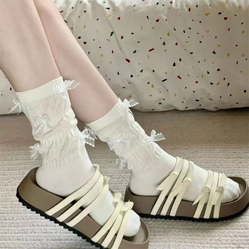 

Балетные нескользящие носки для девочек с несколькими бантиками, Лолита, молочно-белые однотонные милые носки-пузыри 1 pair