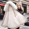 Winterjacke aus Baumwolle für Damen, pelzige Kapuze, verdickter Plüsch, lange Ärmel, elastische Taille, Taschen, Reißverschluss, Mantel, mittellang, winddicht, warm, Daunenmantel