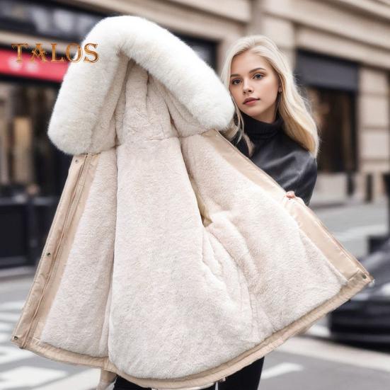 Winterjacke aus Baumwolle für Damen, pelzige Kapuze, verdickter Plüsch, lange Ärmel, elastische Taille, Taschen, Reißverschluss, Mantel, mittellang, winddicht, warm, Daunenmantel