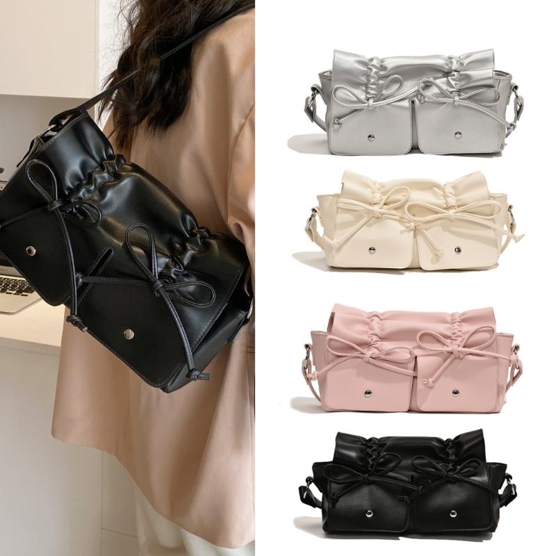 Womens Aesthetic PU Leather Underarm Bag Pleated Sweet Bowknot Shoulder Crossbody Bag Adjustable Armpit Handbag Purse