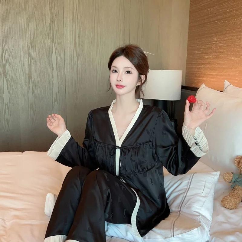 Ice Silk Pyjamas Frühling und Herbst Damen Langarm Französisch Seide Anzug Dünne Hauskleidung