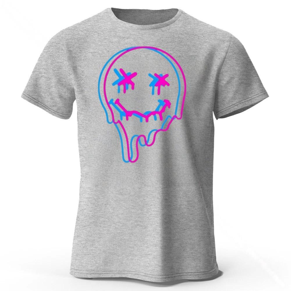 Neon Melting Smiley Face Highquality Pure Cotton Short Sleeved Men Loose Oversized Comfortable Sports Tshirt Street Casual Top