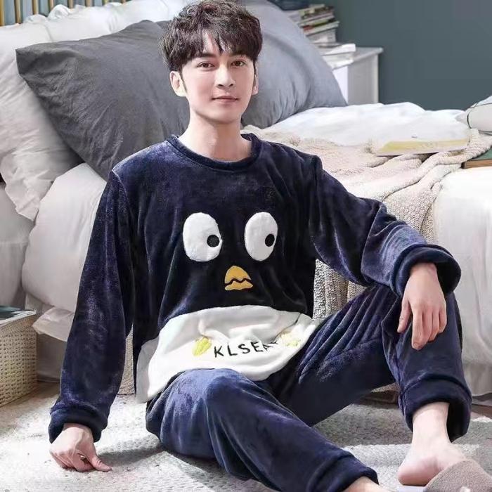 Cute Crew Neck Men's Pajamas Set Autumn Winter Casual Simple New Men's Sleepwear Cartoon Vintage Home Wear