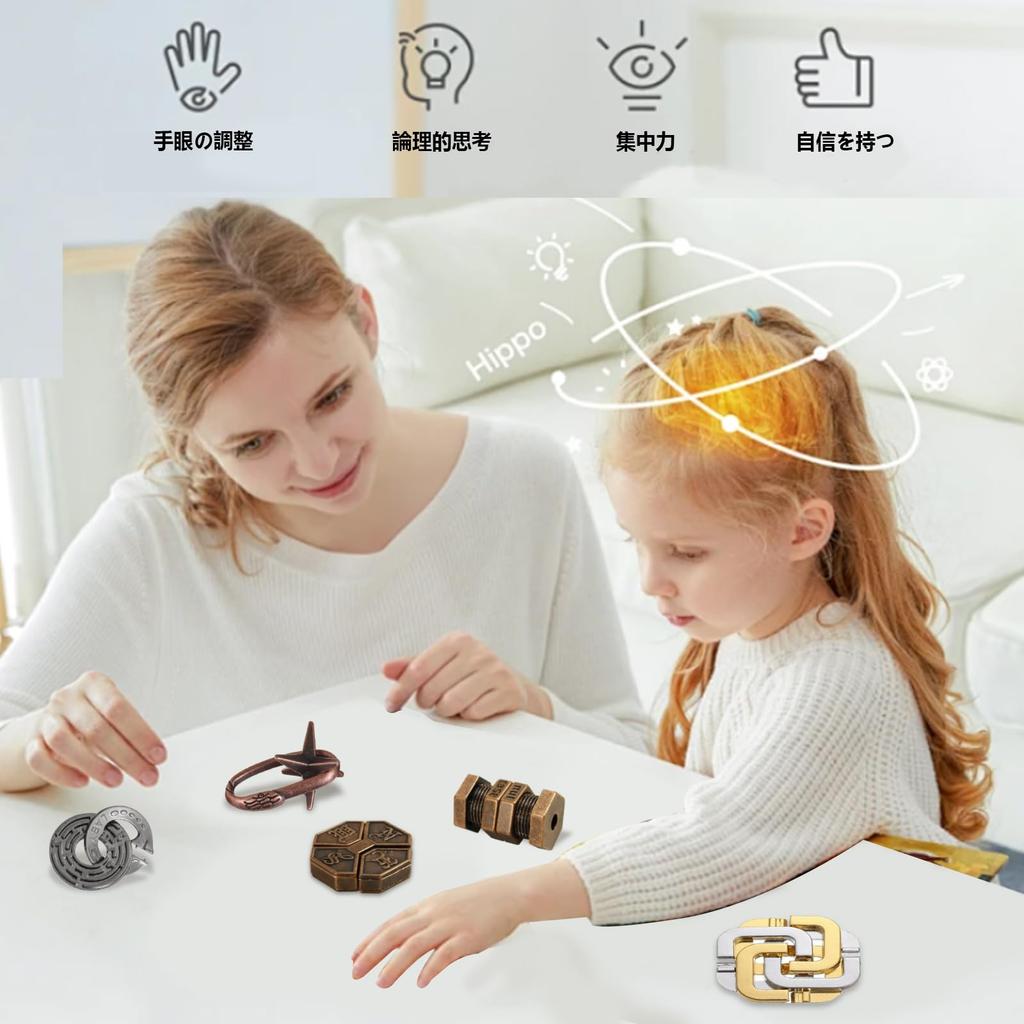 DIFEIUKI Brain Teaser Rings, 5-Piece Set, Difficulty Levels 4-10, 3D Puzzle, Metal Chinese Rings, for Adults and Kids, Puzzle Time Killer, Brain