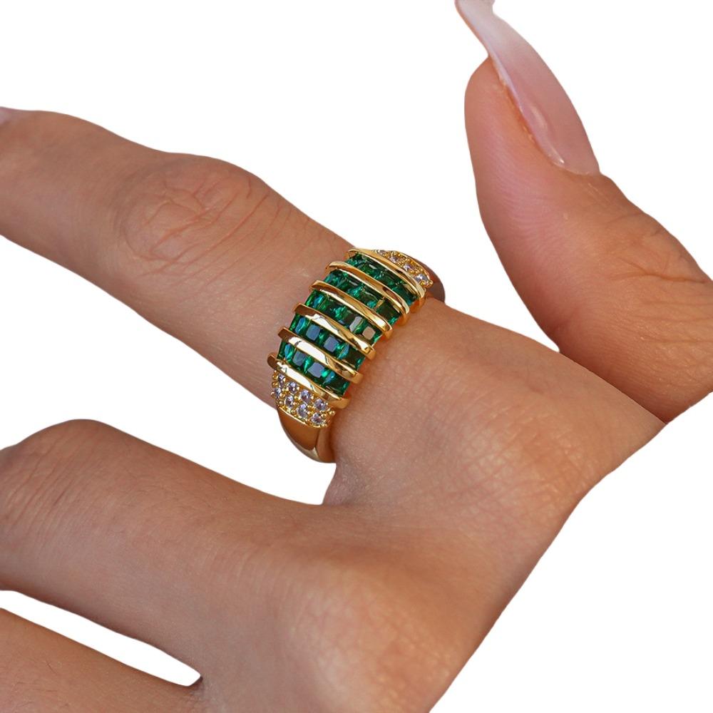 Korean Style Rhinestone Ring Geometric Chunky Enamel Ring Vintage Zircon Opening Ring Decoration