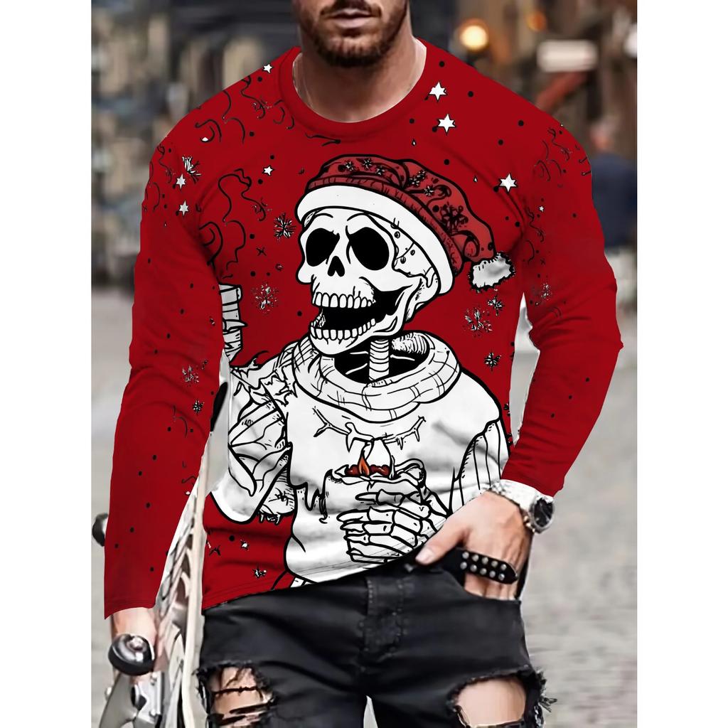Frühlings- und Herbst-Rundhals-Totenkopfmuster 3D-bedrucktes Oberteil Modische lässige langärmelige Herren-T-Shirts