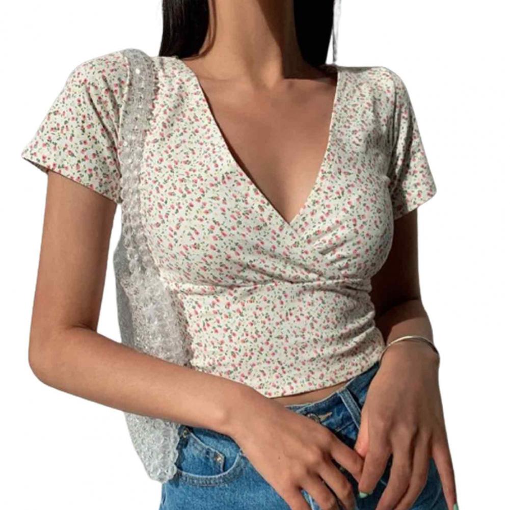 Women Summer Top V Neck Short Sleeve Waist-exposed Small Flower Print Pullover Soft Breathable Retro Slim Fit Lady Sweet T-shirt