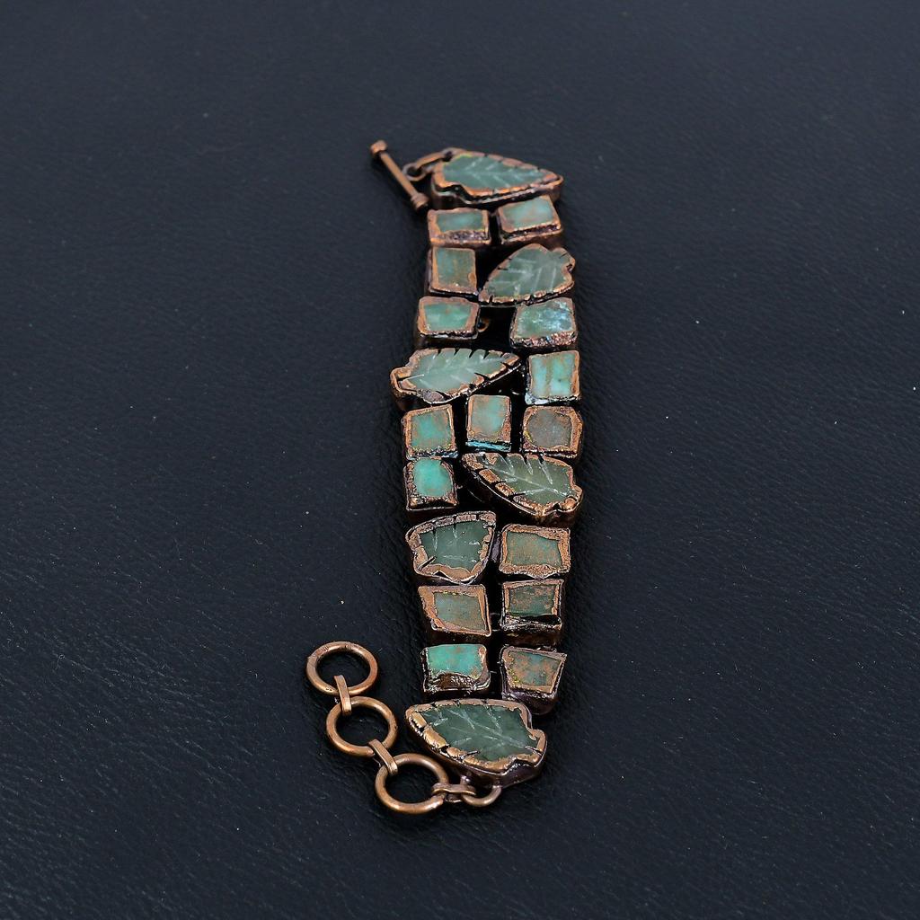 Carved Leaf Green Onyx Bracelet, Copper Electroformed Gemstone Jewelry, Handmade Bracelet For Mother Day