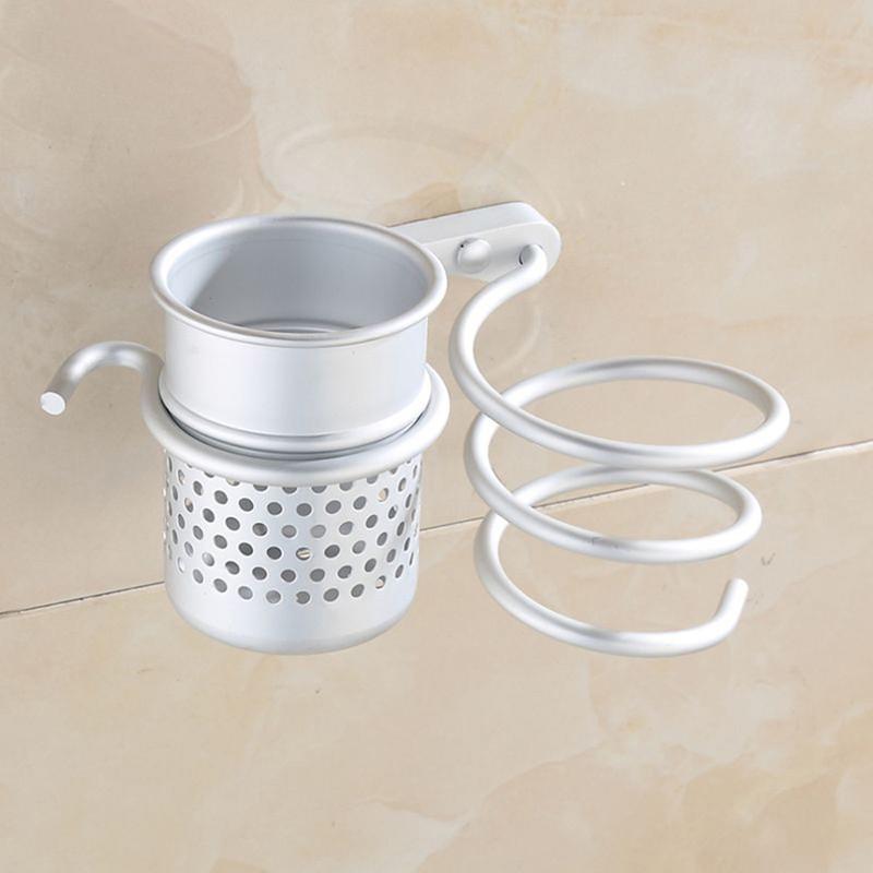 Wall Mount Spiral Hair Dryer Holder Stand with Cup Self Adhesive Bathroom Storage Organizer Shelf Rack