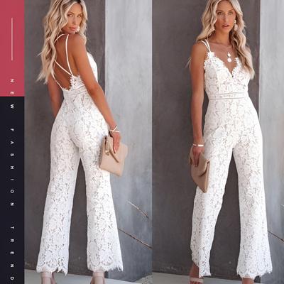 Women Sexy V Neck Backless Hollow Out Floral Lace Long Pants Jumpsuit High Waist Wide Leg Lace Romper Overall