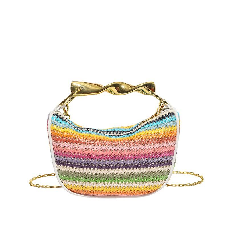 Stylish Woven Texture Pillow Bag Women Color Block Stripe Chain Shoulder Handbag Medium PU Leather Crossbody