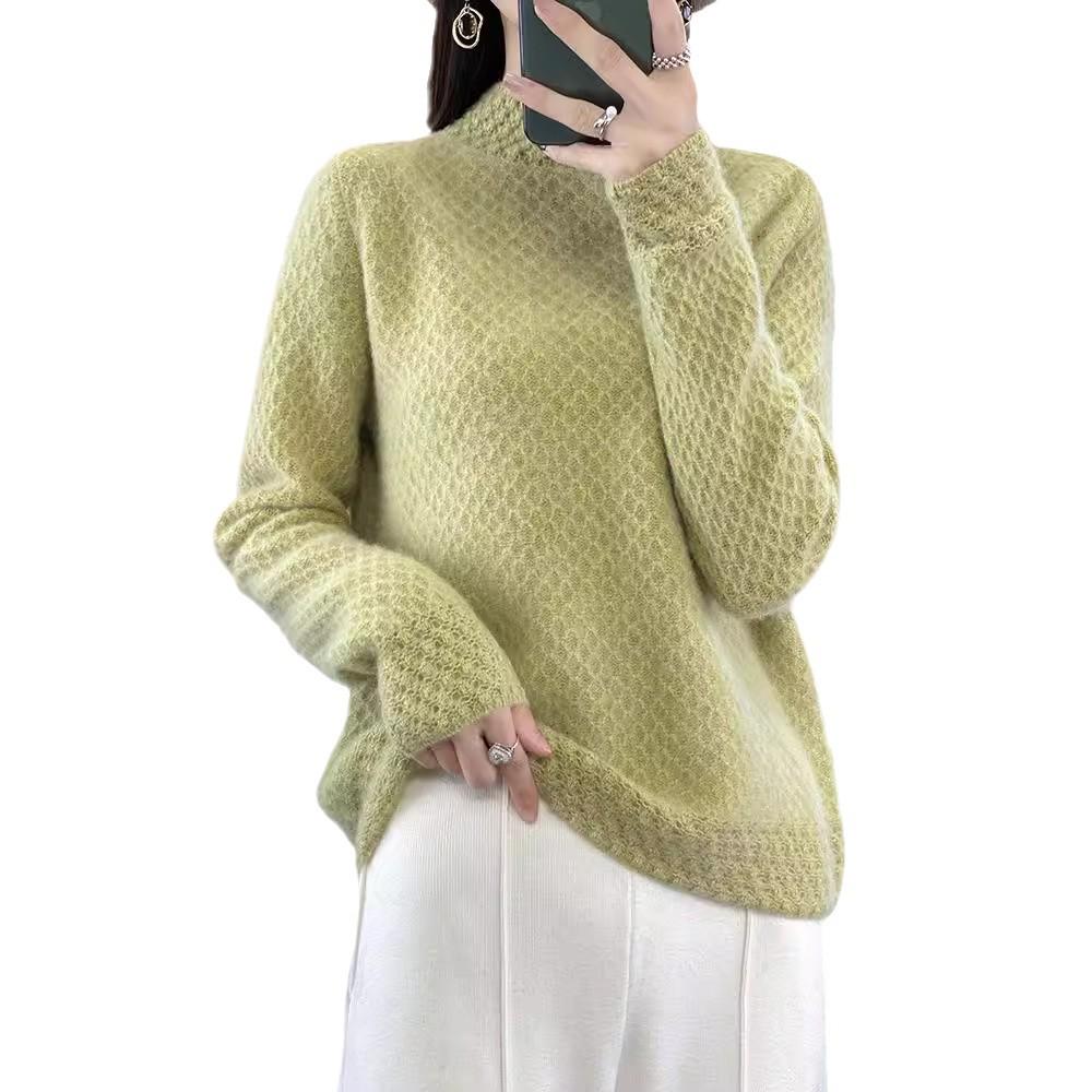 Women's 100% Wool Knitted Semi-High Neck Sweater - Thick, Loose, Slimming Autumn/Winter Wear