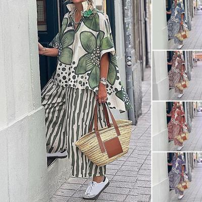 Women's Floral Print Loose Two-Piece Set Lapel Short Sleeve Top Wide Leg Pants Set Summer Casual Boho Streetwear
