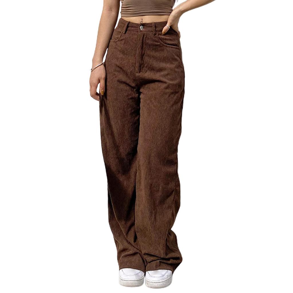 Ladies' Fashionable Color Straight Leg Pants With High Waist Drawstring Pockets And Elastic Waist Casual Pants