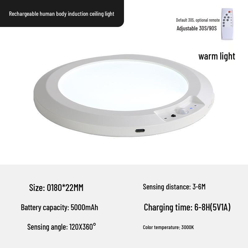 Wireless LED Ceiling Light with Motion Sensor & Remote, USB Rechargeable for Hallway, Cloakroom, or Balcony.