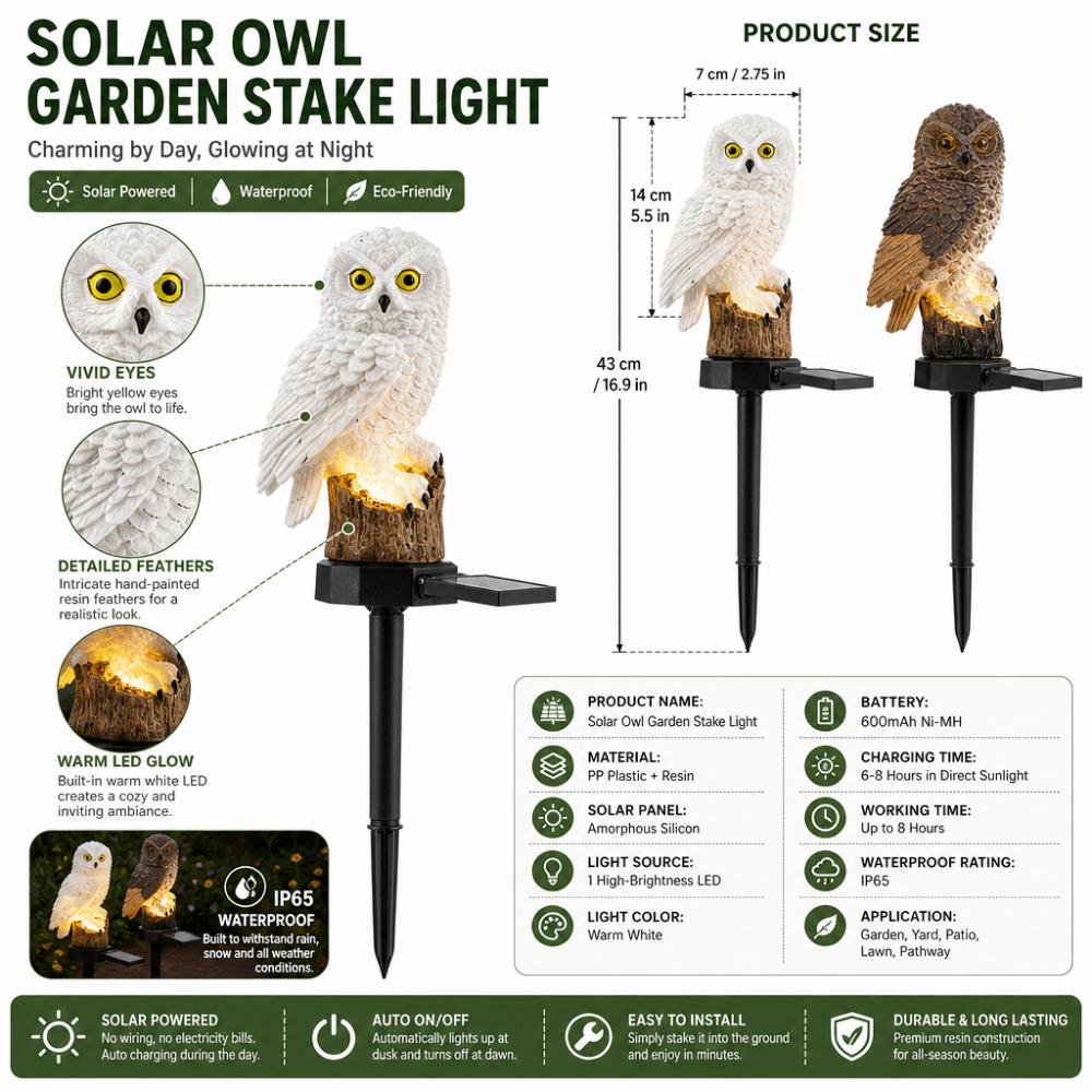 Solar Powered LED Owl Light Waterproof Realistic Animal Statue Solar Light Street Lamp LED Outdoor Lawn Lamp Yard Pathway