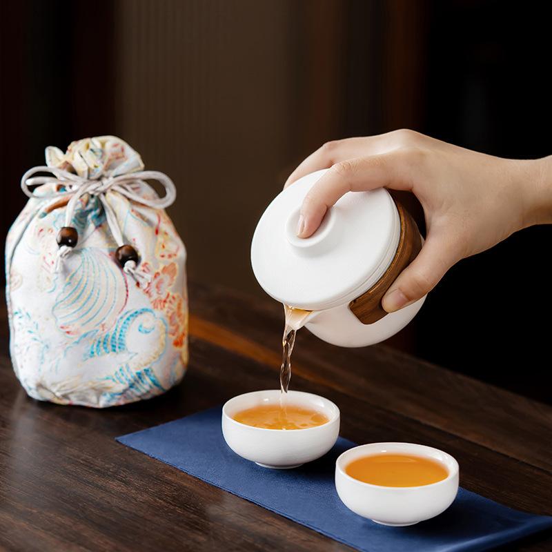 Guochao Portable Travel Tea Set Simple Coarse Pottery Words and Hand-held Pot Outdoor Camping Car Tea Making Equipment