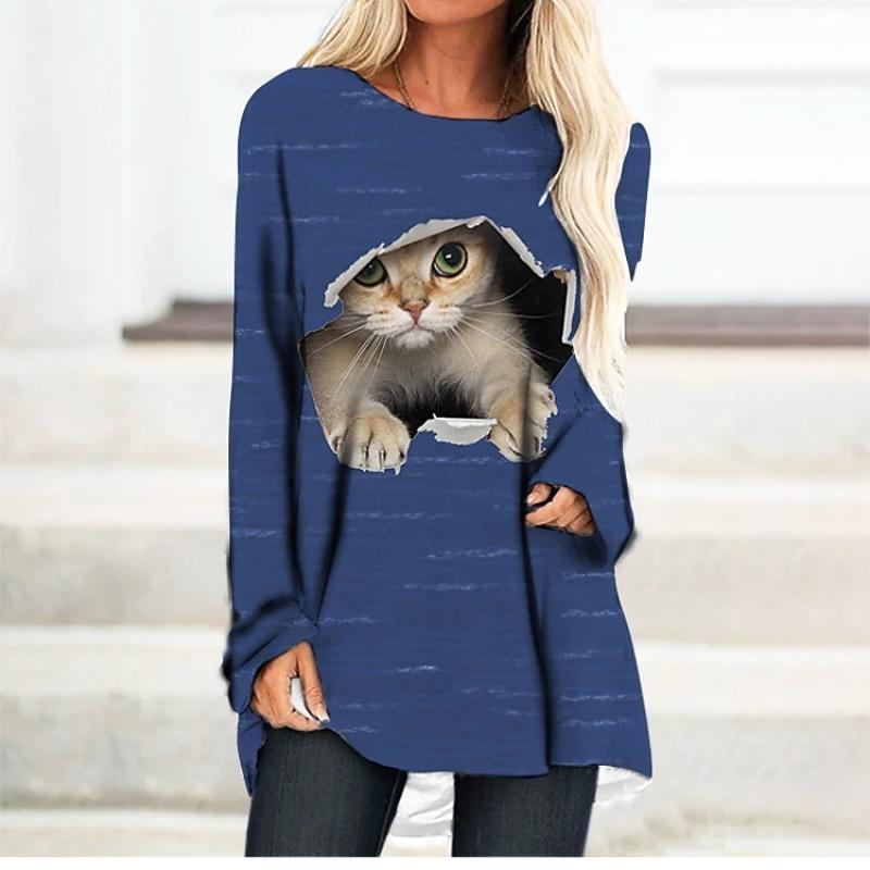Women's Tops T Shirt Tee Cute Cat Painting Sweatshirt Holiday Home Casaul Weekend Long Sleeve Round Neck Essential Basic XS-8XL