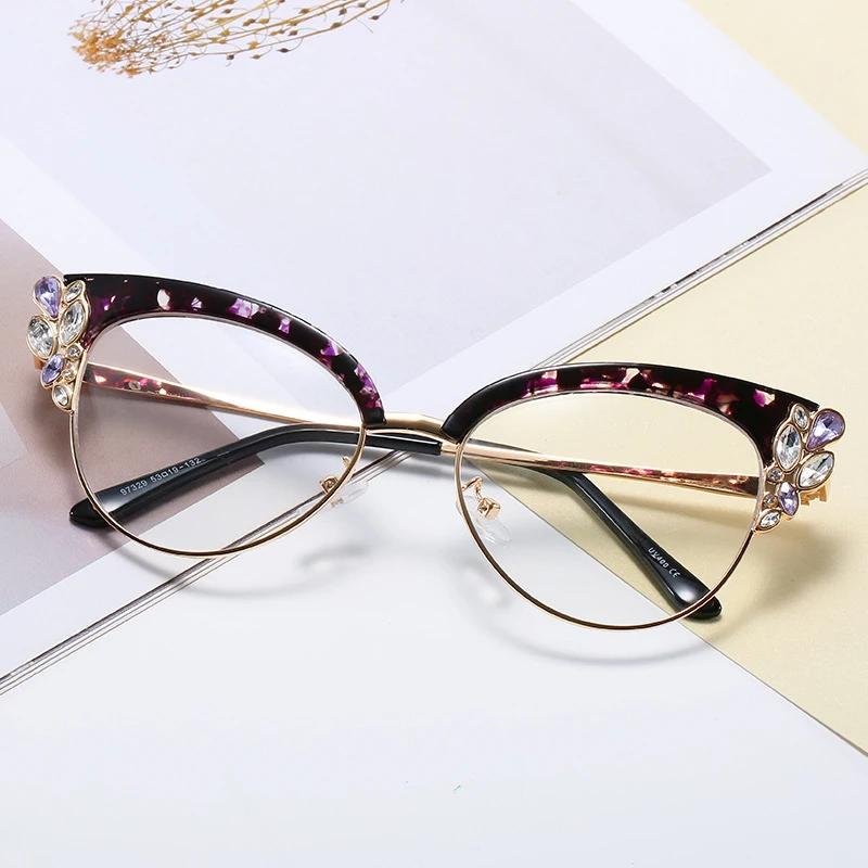 Fashion Blue Light Blocking Eyeglasses Women Retro Cat Eye Diamond Optical Frame Men Reading Eyeglasses Clear Lens Spectale Eyeglasses