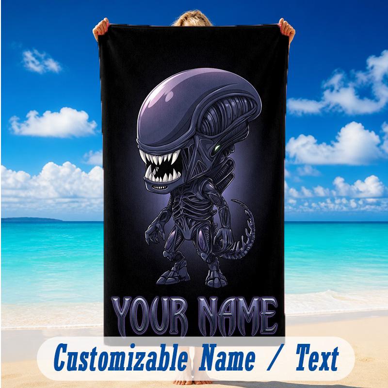 Beach Towel Custom Name Text, Quick Dry Large Towel For Beach HomeAlien Xenomorph