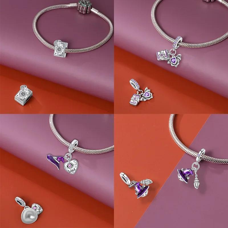 New Copper Purple Flying Witch Hat & Magic Book Stylish Charms Beads Fits Original Bracelet Jewelry Diy Halloween Charm For Women Gifts