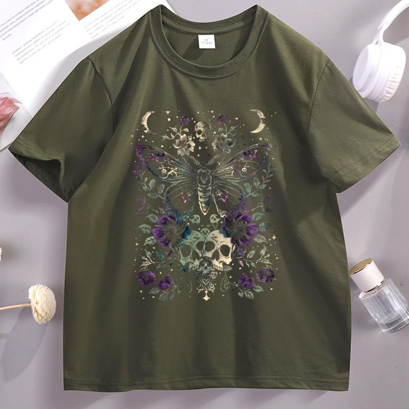 Gothic Moth T Shirt Unisex Unisex Witchy Floral Skull Tee Dark RoUnisexce TShirt Unisex Unisex Vintage Cotton Short Sleeve Tshirt Clothes