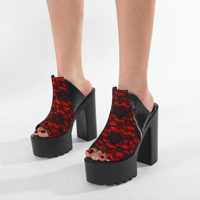 Chunky High Heels Shoes for Women Fashion Zipper Platform Mules Fish Mouth Open Toe Red Patchwork Summer Heeled Sandals