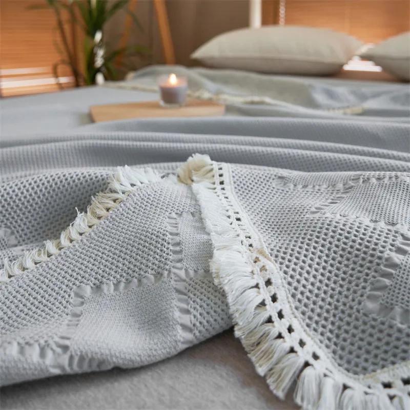 Toalha de gaze de algodão nórdica com borlas, colcha de verão, algodão puro, waffle, ar condicionado, cobertor de escritório