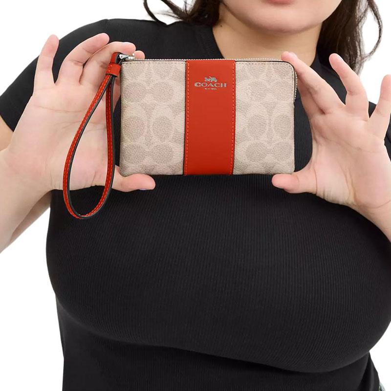 Coach Signature Canvas Zip Wristlet with Orange Stripe & Wrist Strap for Daily Use