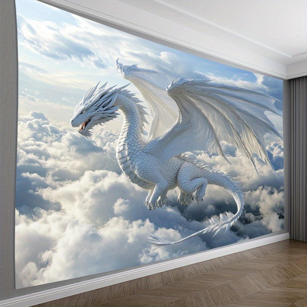 White Dragon Tapestry, Majestic Flying Dragon In Clouds And Sky, Fantasy Creature Wall Hanging For Bedroom Living Room 70x100cm28x39in