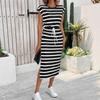 Women's Black and White Striped Slit Round Neck Casual Dress