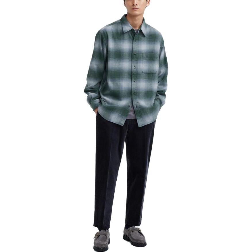 UNIQLO Checked Pointed Collar Single-Breasted Long Sleeve Shirt Men shirts Teal 462407-55