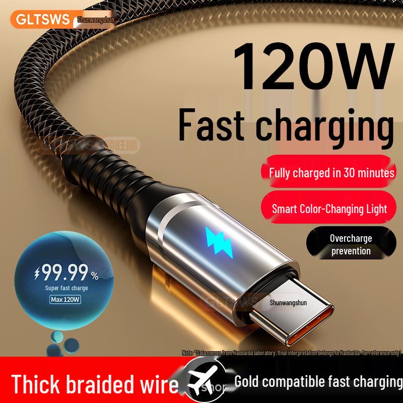 120W Typ-C Schnellladekabel mit intelligenter Farbwechsel-Leuchte – Kompatibel mit Huawei, Honor, Xiaomi, OPPO.
