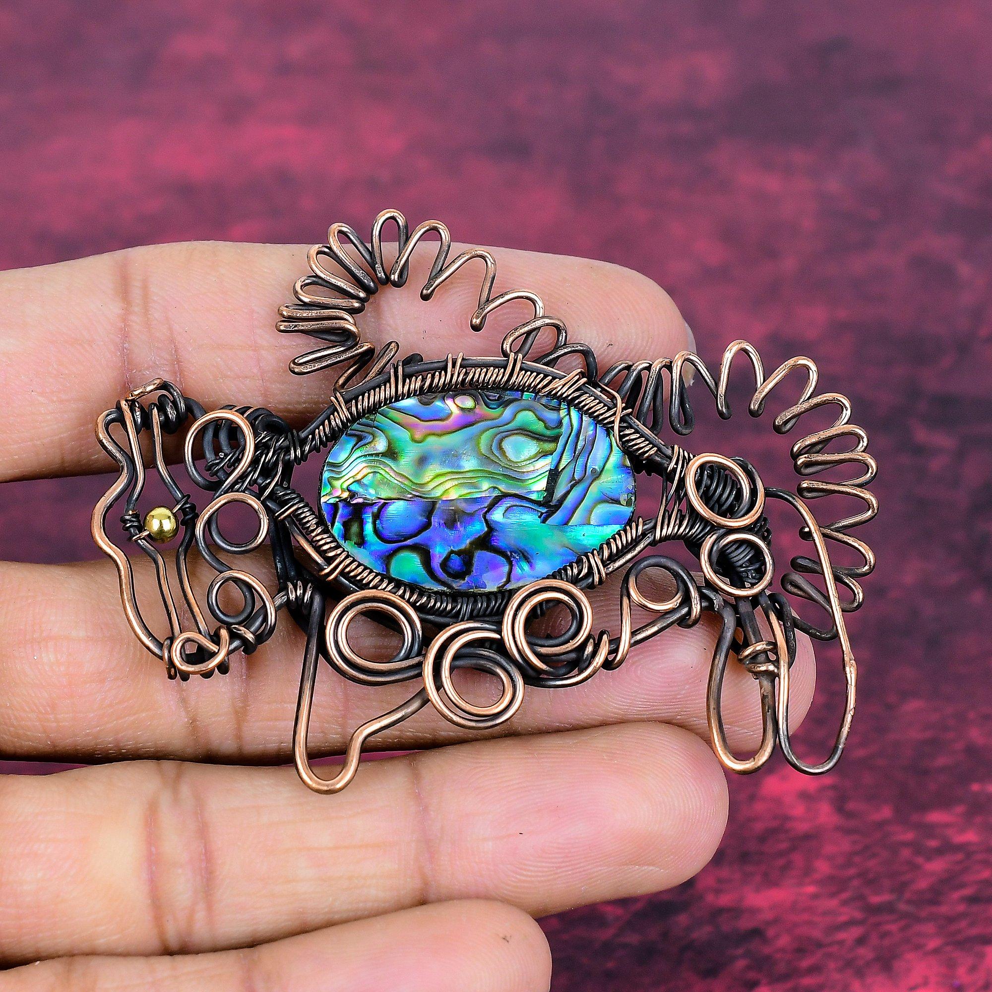 Abalone Shell Gemstone Pendant Handmade Copper Wire Wrap Jewelry Rabbit Pendant