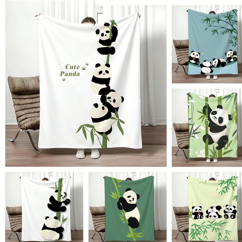 Cute Stacked Panda On Bamboo Graphic Throw Lightweight 240g Flannel Blanket Soft Skin-friendly for Summer Cooling