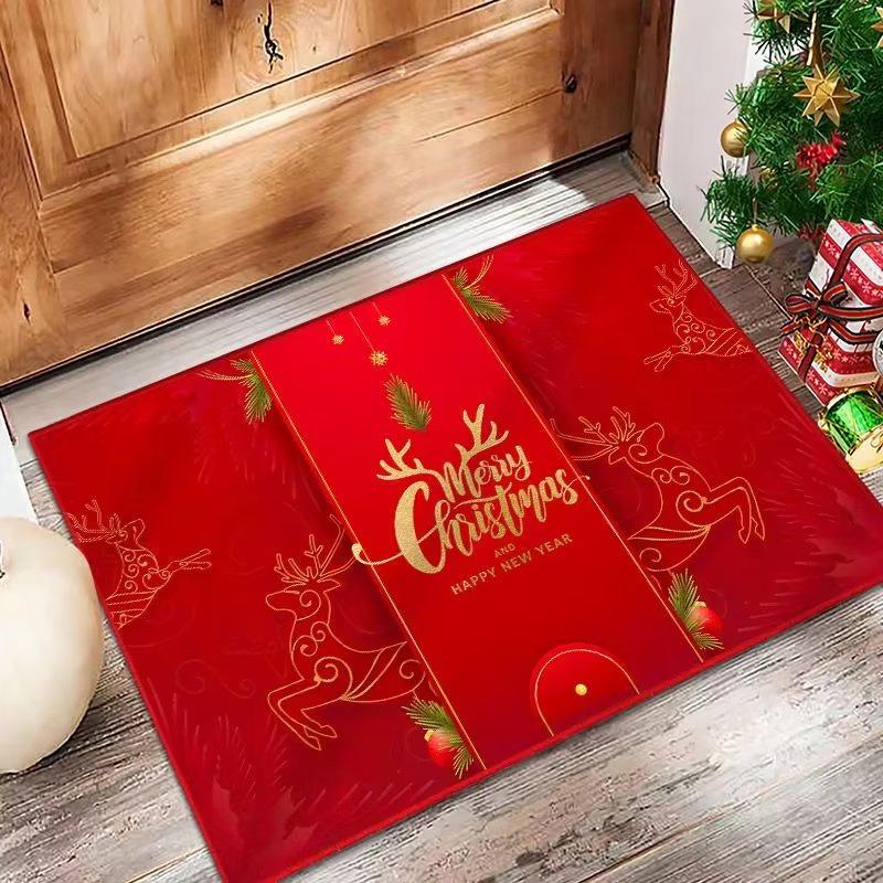 Festive Red Non-slip Absorbent Door Mat - Christmas Crystal Velvet