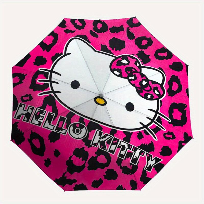 Hello Kitty,Leopard Print Automatic Folding Umbrella-Simple 8-Rib Design, Bright Cartoon Pattern, Durable Iron Frame, Suitable For Travel, O